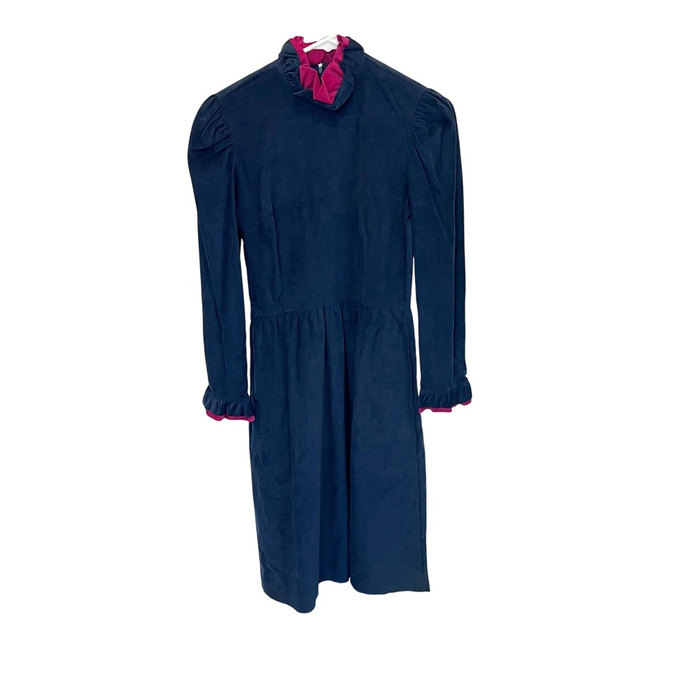 Brenda Hollon Vintage 80s Corduroy Midi Dress Navy Pink Ruffle Victorian Size 4